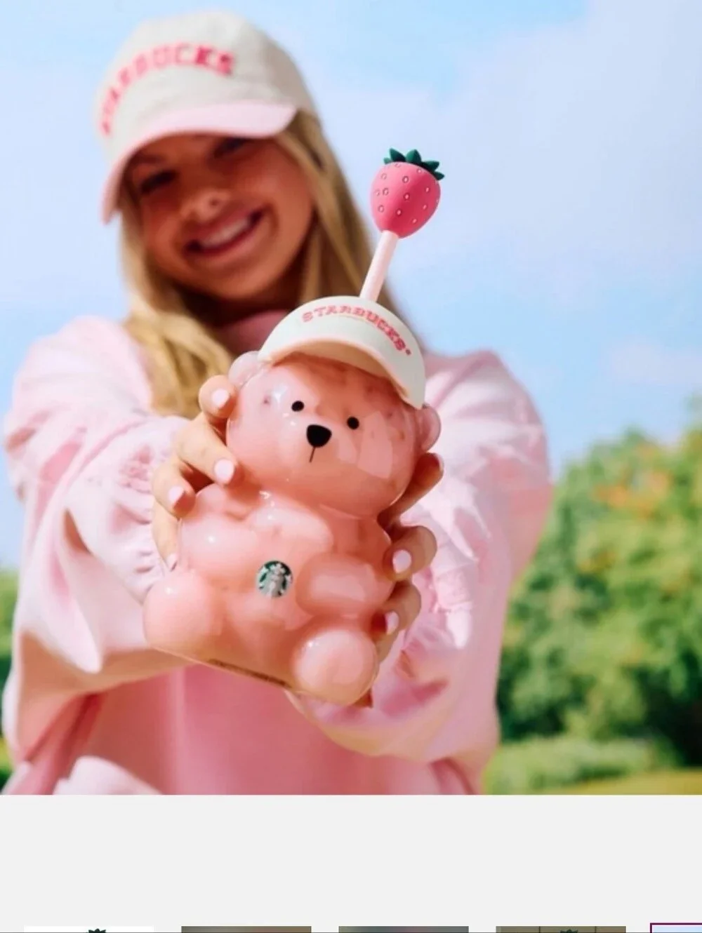 2026 Starbucks Bearista Bear Cup Strawberry Pink Baseball Hat NEW